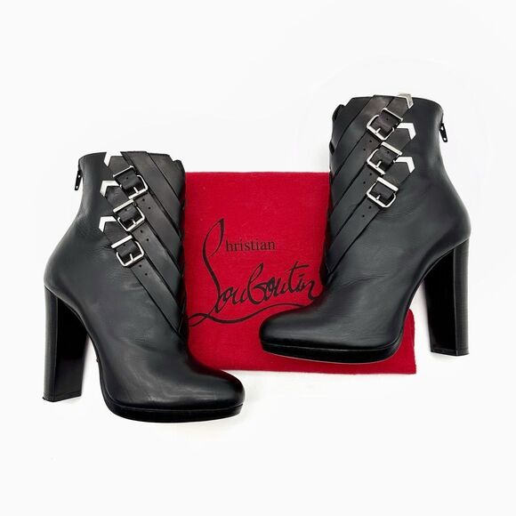 CHRISTIAN LOUBOUTIN Troop 120 Black Leather Boots Size 37 Buckle Booties - Picture 2 of 9